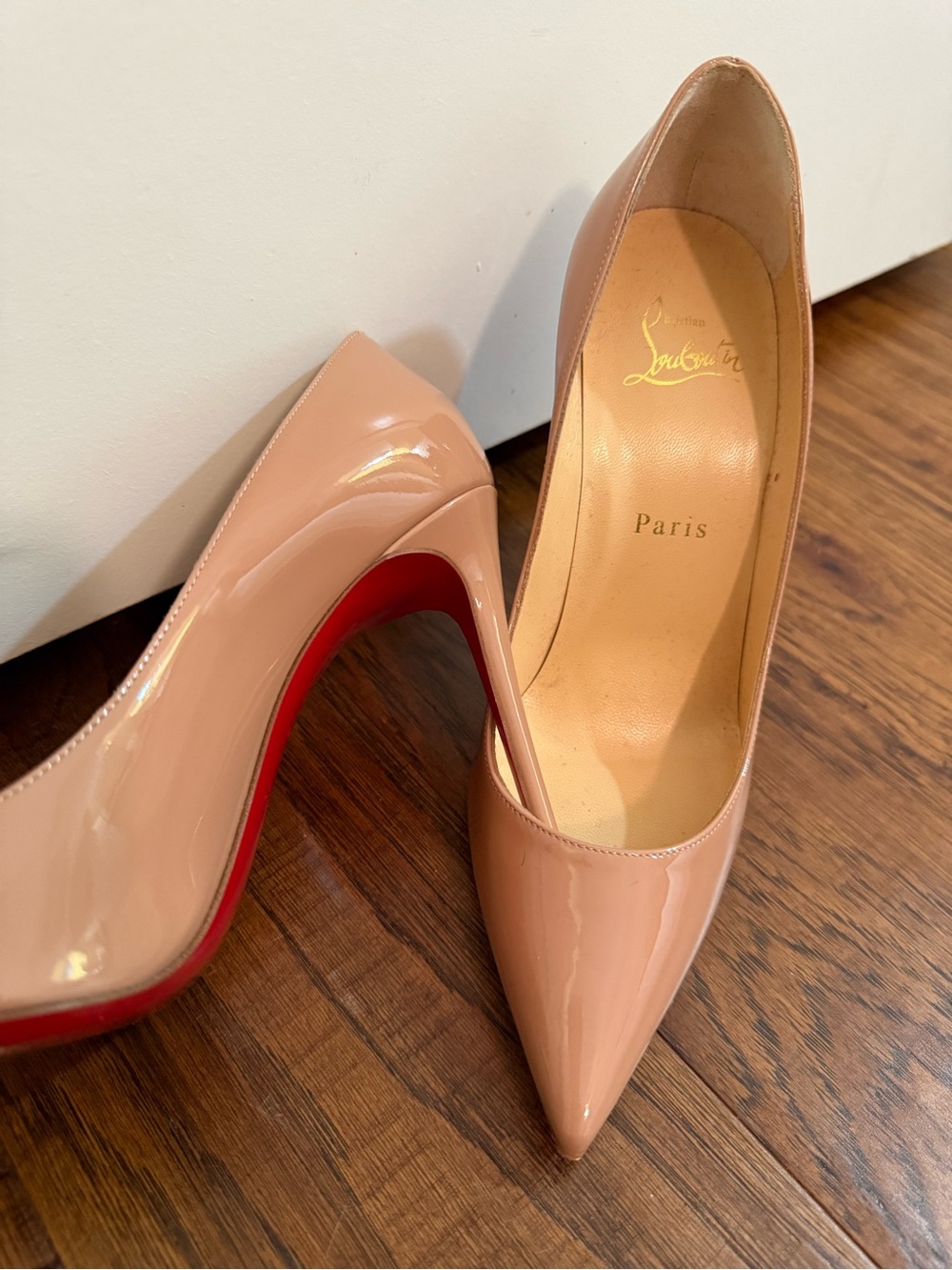 Christian Louboutin Nude Patent Leather Pointed-Toe Stiletto Pumps